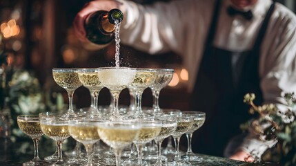 Champagne being poured into a tower of glasses