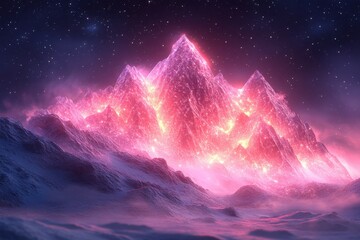 Mountain with pink sky and stars.