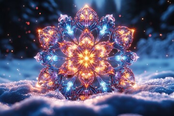 Glowing lights on a snowflake.