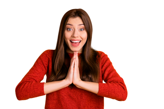 Photo of white cheerful charming cute sweet girlfriend with her hands folded hoping pleading you with toothy smile isolated over vivid color background - Powered by Adobe