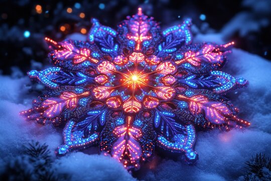 Snowflake illuminated by blue and pink lights.