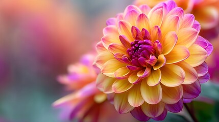 Closeup of a vibrant dahlia flower with layered yellow and pink petals, showcasing its intricate texture and soft, blurred background