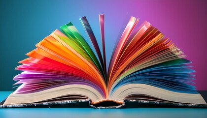 vibrant pages of an open book fan out in a mesmerizing array of colors creating a dynamic and artistic composition that symbolizes knowledge and creativity