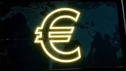 Glowing yellow euro symbol on a dark world map background, representing global finance and currency. - Powered by Adobe