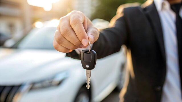 Businessman handing over car key with vehicle in background
