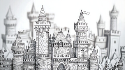 Fototapeta premium Detailed black and white illustration of a medieval castle with intricate architectural details, towers and flags