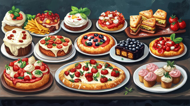 Assorted Delicious Desserts and Pastries on a Rustic Table Surface