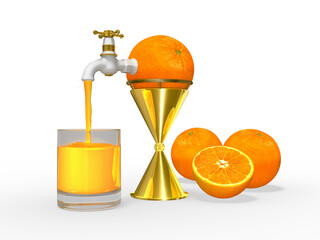 Theke  mit Orangen, Apfelsinen mit Wasserhahn in der Saftbar befüllt ein Glas mit Juice, freigestellt