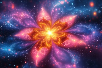 Vibrant flower blooming amidst a cosmic galaxy, a striking contrast of nature and space encapsulated in a single frame.
