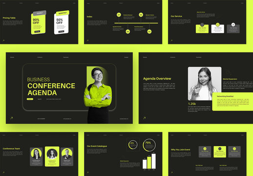 Modern Business Conference Agenda Presentation with Black Green Accents