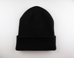 a blank black beanie hat is showcased against a pristine white background for design mockup purposes
