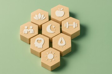 Wellness Icons on Wooden Hexagons