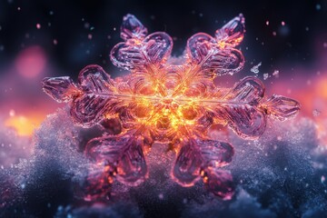 Fototapeta premium Bright orange and yellow light shining on a snowflake.