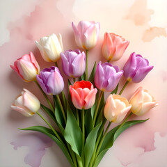 Bouquet of eleven pastel tulips in shades of pink, purple, white, and red with green leaves, arranged against a soft watercolor background blending pale pink and creamy white tones