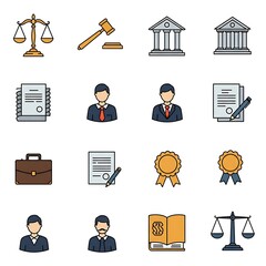 A collection of law and legal icons including scales of justice, gavel, courthouse, documents, lawyers, briefcase, awards, and a law book.