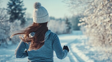 Woman running in cross country road on winter. Rear view of female runner training for marathon in snowy mountains landscape.