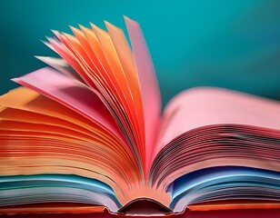 vibrant pages of an open book create a mesmerizing abstract landscape of flowing curves blending turquoise orange and pink hues in a dynamic visual symphony of knowledge and creativity