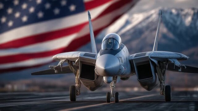 A powerful wide-angle shot of a fighter jet on the runway with the American flag in the sky, symbolizing patriotism and aviation excellence.