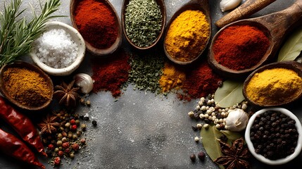 Vibrant flat lay of assorted herbs and spices in small white bowls. They are scattered artfully on a light concrete background, forming a beautiful frame.