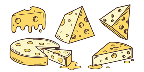 Collection of cartoon cheese illustrations various shapes and styles vector design elements for food related projects