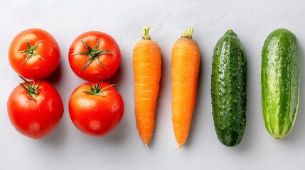 Fresh tomatoes and carrots with cucumbers arranged on a light gray textured surface