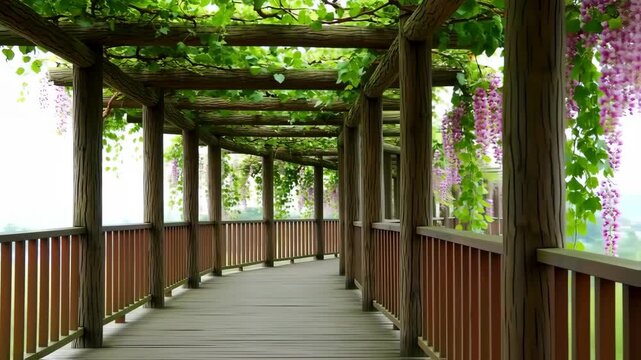 Wooden walkway under a pergola with wisteria