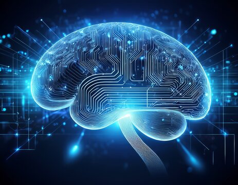 digital brain tech visualization glowing blue
