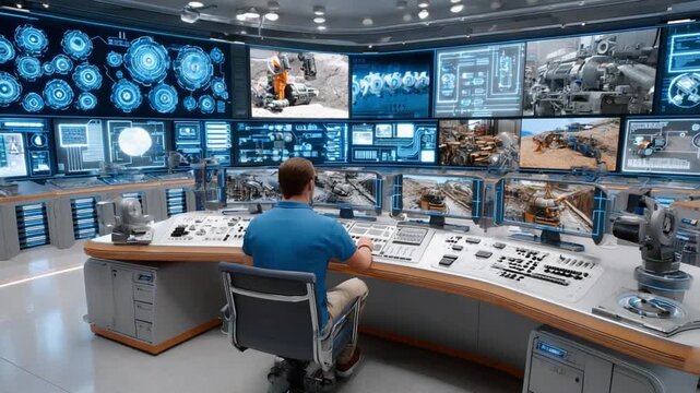 Centralized Operations: A technician meticulously monitors a dynamic array of screens in a futuristic control room, commanding attention with its blend of high-tech visuals and operational precision.