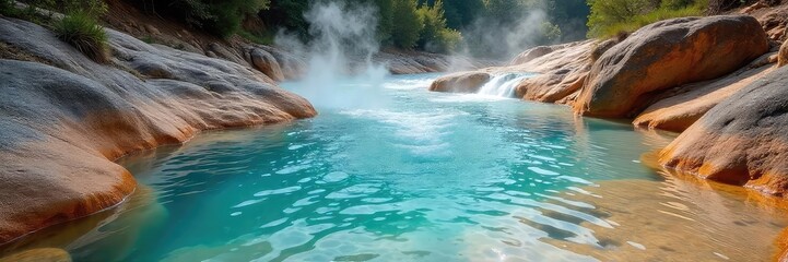 Steaming geothermal hot spring water flows over smooth, colorful rocks Tranquil natural scene perfect for relaxation and spa themes Ideal for travel and nature publications , landscape, stones
