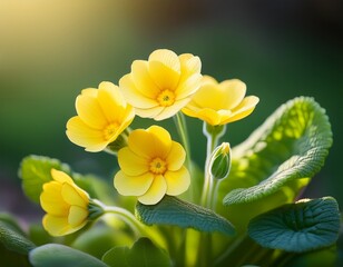 Fototapeta premium vibrant yellow primrose flowers bloom delicately against a soft focused green background showcasing the gentle beauty of early spring garden blossoms in soft natural light