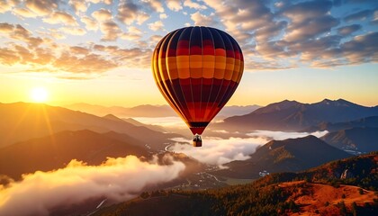 Fototapeta premium Hot Air Balloon Floating Over Misty Mountains at Sunrise with Golden Light Keywords: hot air balloon, flight, travel, adventure, sunrise, sunset