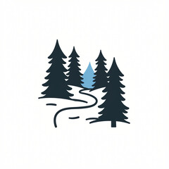 Fototapeta premium Snow trail in forest, winding path leading through dark evergreen trees with soft winter tones, evoking calm, wilderness beauty, and seasonal outdoor serenity