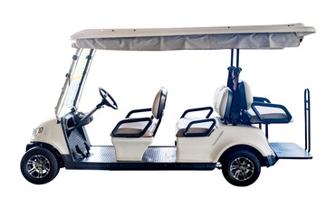 Modern electric golf cart with four seats and roof canopy isolated on transparent background, designed for convenient transportation in resorts parks golf courses and recreational areas, PNG File