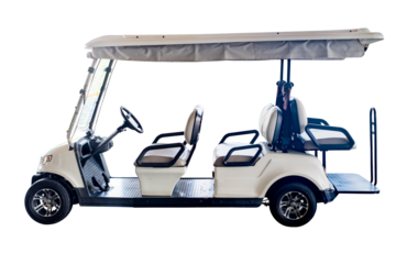 Modern electric golf cart with four seats and roof canopy isolated on transparent background, designed for convenient transportation in resorts parks golf courses and recreational areas, PNG File