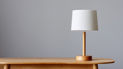 A simple wooden table lamp with a white shade sits on a wooden table against a gray wall