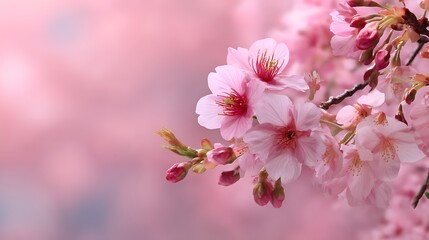 Delicate pink cherry blossoms blooming on a branch with a soft bokeh background