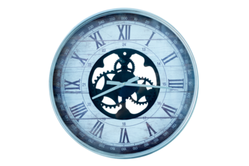 Vintage wall clock with Roman numerals and visible gear mechanism, isolated on transparent background. Antique style decorative timepiece symbolizing time, history, and design. PNG File
