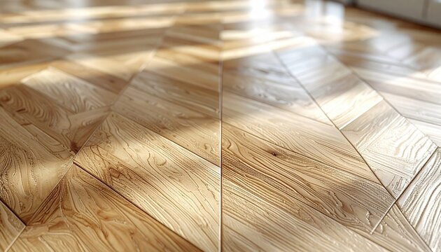 Close-up herringbone wood floor, sunlit