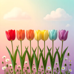 Colorful field of tulips in a row under pastel gradient sky with clouds and wildflowers, spring floral landscape banner with vibrant rainbow tones and natural copy space