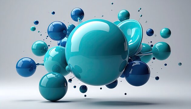 A 3D rendering of glossy spheres in teal and dark blue, interconnected by thin lines, against a neutral backdrop.  The spheres vary in size, creating a dynamic, abstract composition