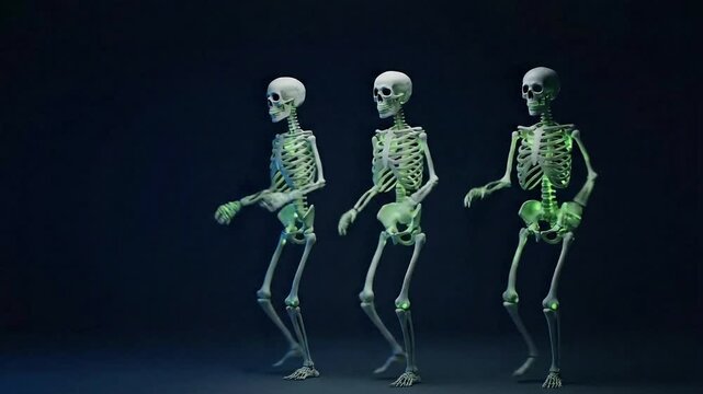 Three skeletons dancing in a dark setting with a blue gradient background and green illumination on bones