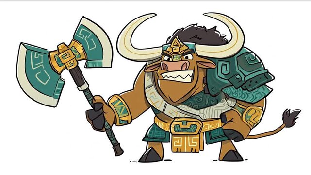 Cartoon minotaur character with axe in warrior costume illustration