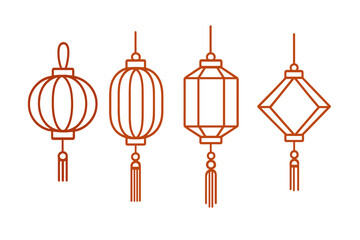 Chinese lanterns set line art icon. Traditional Asian lamp collection for Chinese New Year. Minimalistic outline vector illustration. Japan festival light graphic element symbol.