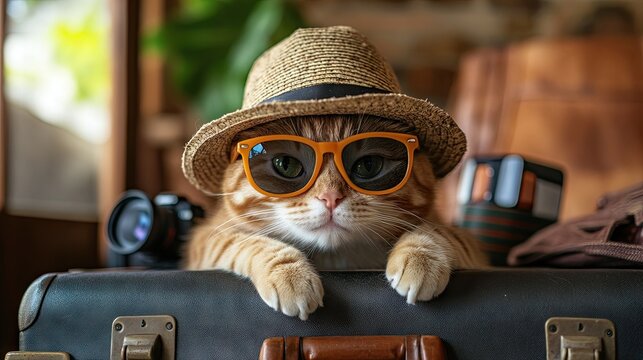 A real photo of a cat wearing a straw hat and orange sunglasses, lounging on an old suitcase filled 
