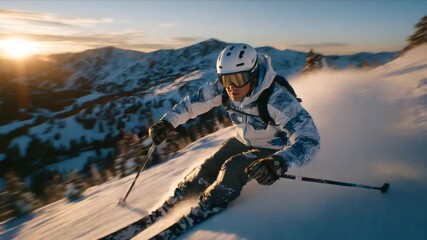 Capture the thrill of skiing with a dynamic action shot of a skier carving through powder, set against sunlit peaks and enhanced by motion blur. - Powered by Adobe