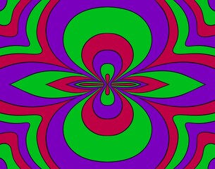 Vibrant abstract art featuring interlocking,teardrop and circular shapes that create a mesmerizing,kaleidoscopic effect.