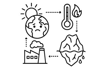 Climate change and global warming infographic concept. Vector outline of sad planet Earth, factory pollution, high temperature, melting glacier. Environmental disaster process.