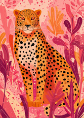 Colorful Leopard Illustration with Tropical Leaves in Pink and Orange Tones