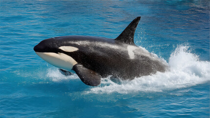 Killer whale breaching in bright blue water, joyful movement