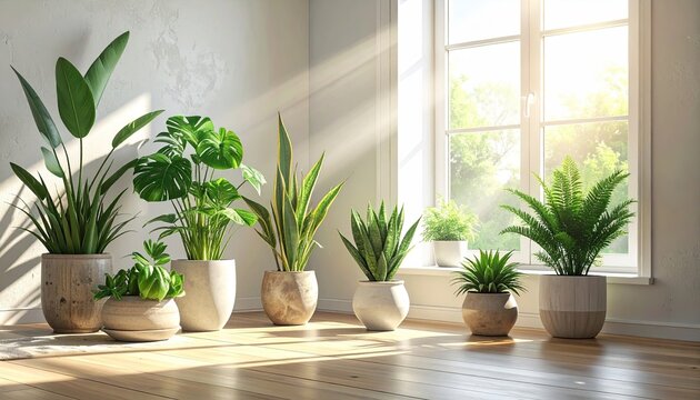 Sunlit Array of Potted Green Plants by Window in Interior Decor with Diverse Textures and Earth Tone Pots on Wooden Floor
